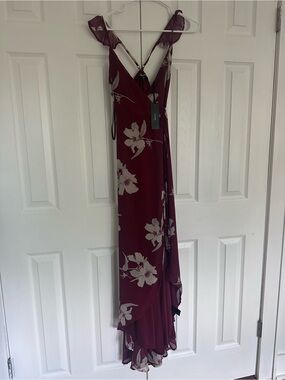 Lulu's Burgundy Floral Wrap Maxi Dress
